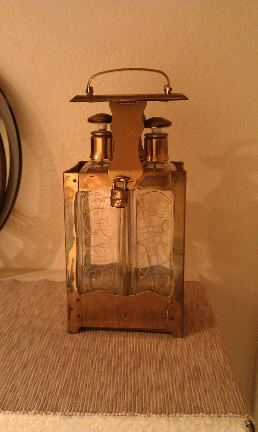 SALE Antique Liquor decanter bottles with Music box glass gold