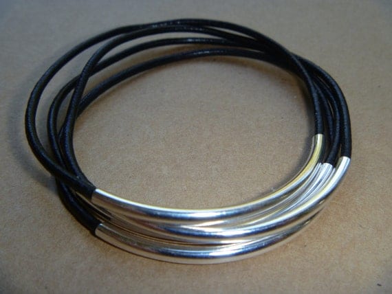 Black Leather Silver Tube Bangle Bracelet Set of 4