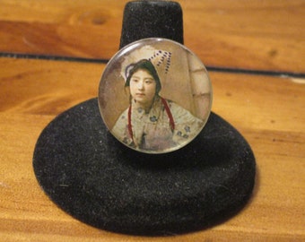 Japanese Girl Vintage Photo Round Mirror Tile Adjustable Ring