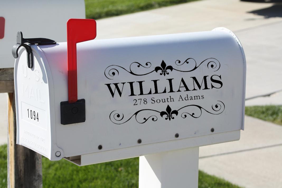 Download Fleur De Lis Vinyl Mailbox Decal with personalized name and