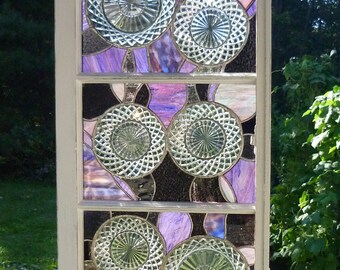 Sold Stained glass window w/vintage wexford plates & purple stained glass reclaimed old window frame offers considered
