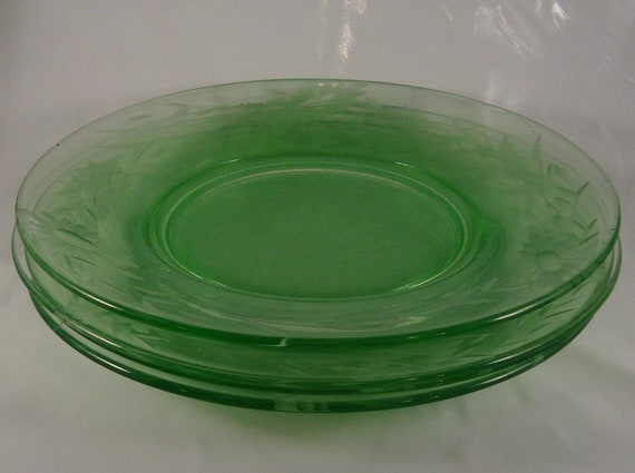Four GREEN FOSTORIA Glass Plates