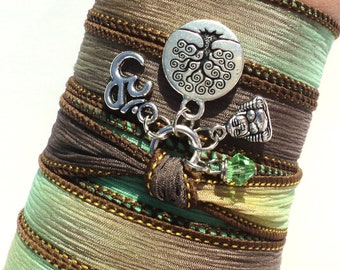 Tree of Life Buddha Om Silk Wrap Bracelet Yoga Jewelry Meditation Namaste Fall Earthy Unique Gift For Her Stocking Stuffer Under 50 Item J59