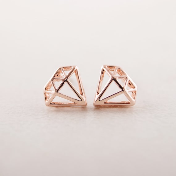 Diamond shaped Stud Earrings in Pink Gold by bkandjio on Etsy