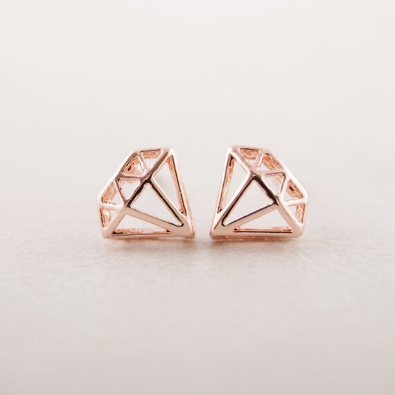 Diamond shaped Stud Earrings in Pink Gold by bkandjio on Etsy