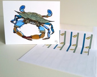 Maryland Blue Crab Note Card with lined white envelope, Chesapeake Blue Crab Baltimore Blue Crab