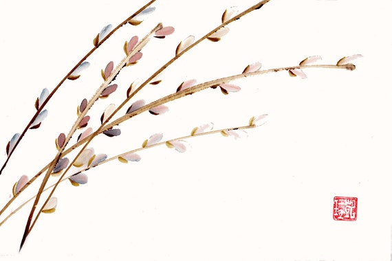 Pussy Willow Branches Original Chinese Brush Watercolor Painting