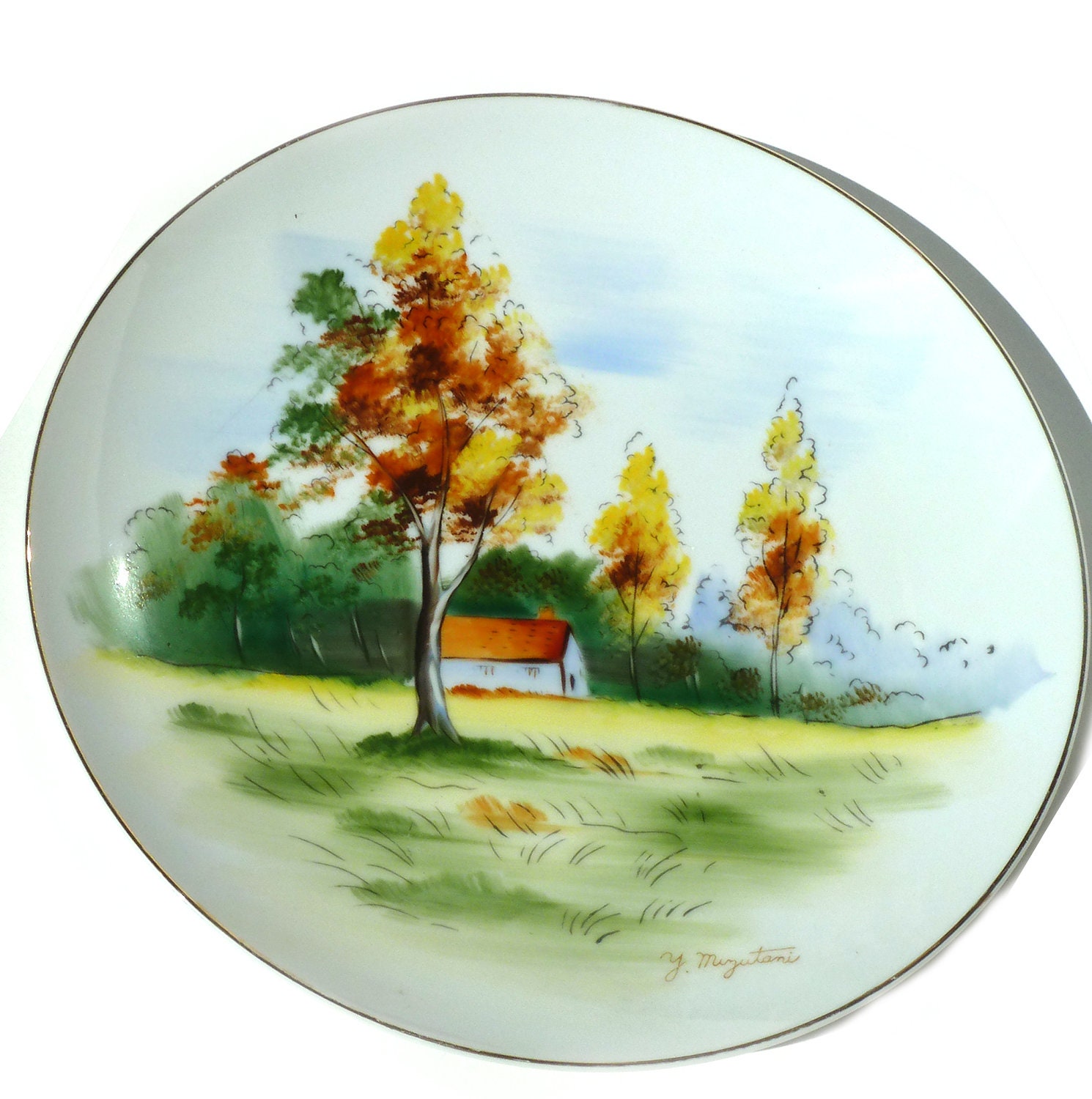 cherryREVOLVER Ceramic Plate Hand Painted Landscape Signed Y