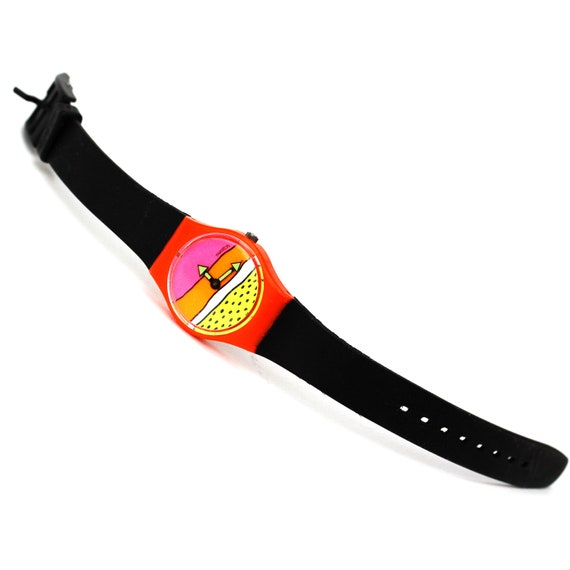 Vintage 80s neon color watermelon Swatch Watch in black