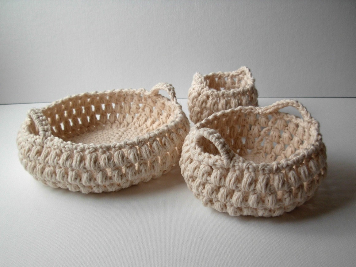 Crochet Baskets with Handles Natural White Cotton Set of 3