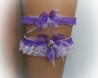 Lace Wedding Garter Set with Crystal Brooch, Lavender Garter, Bridal Garter Set, Modern Garter, Stretch Garter, Crystal Garter, Prom Garter