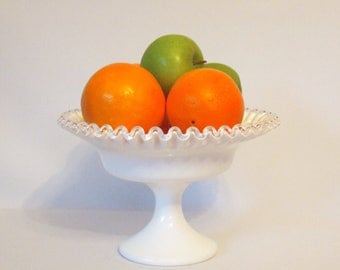 Fenton Milk Glass Pedestal Bowl | Silver Crest | Vintage Milk Glass | Mid Century Dining Table | Fruit Bowl | Display Bowl