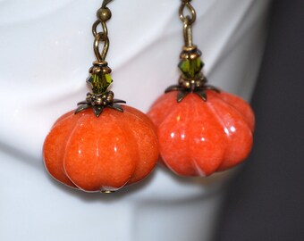 Jade pumpkin earrings, pumpkin jewelry, Halloween earrings, Fall earrings, gift