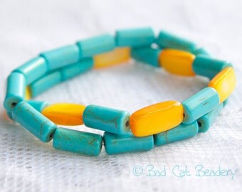 Blue Orange Bead Stretch Bracelet Turquoise Barrel Beads Orange Shell