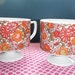 2 Paisley Flower Power Footed Pedestal coffee mug cups Pink and Orange vintage