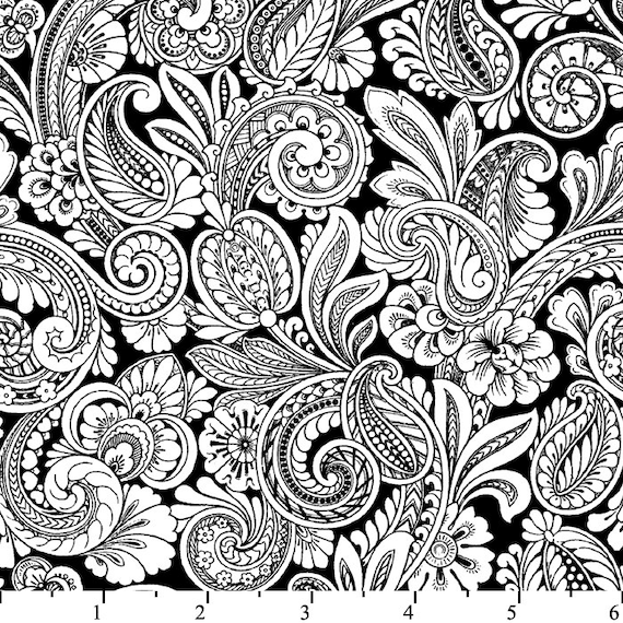 Black and white paisley fabric white floral scroll flourish