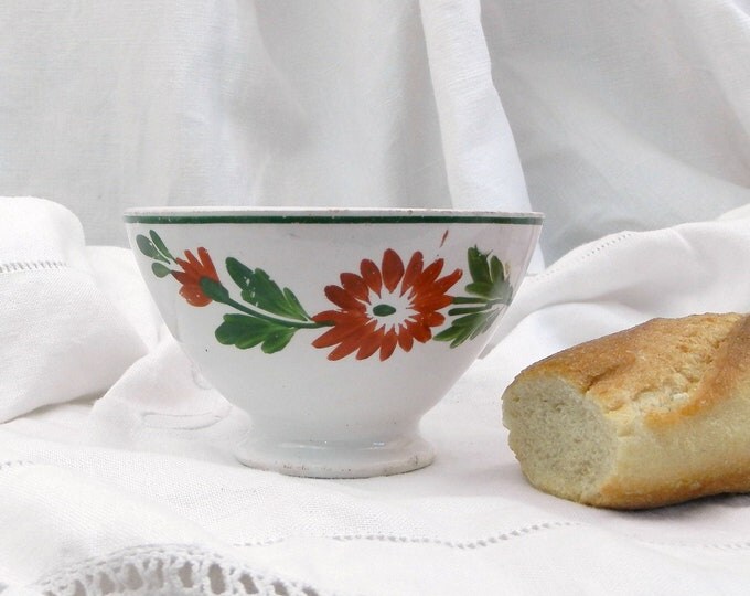 Small Vintage Ceramic French Farmhouse Ceramic Café au Lait Bowl Coffee Bowl with Hand Painted Flower Pattern, Country Cottage Decor France