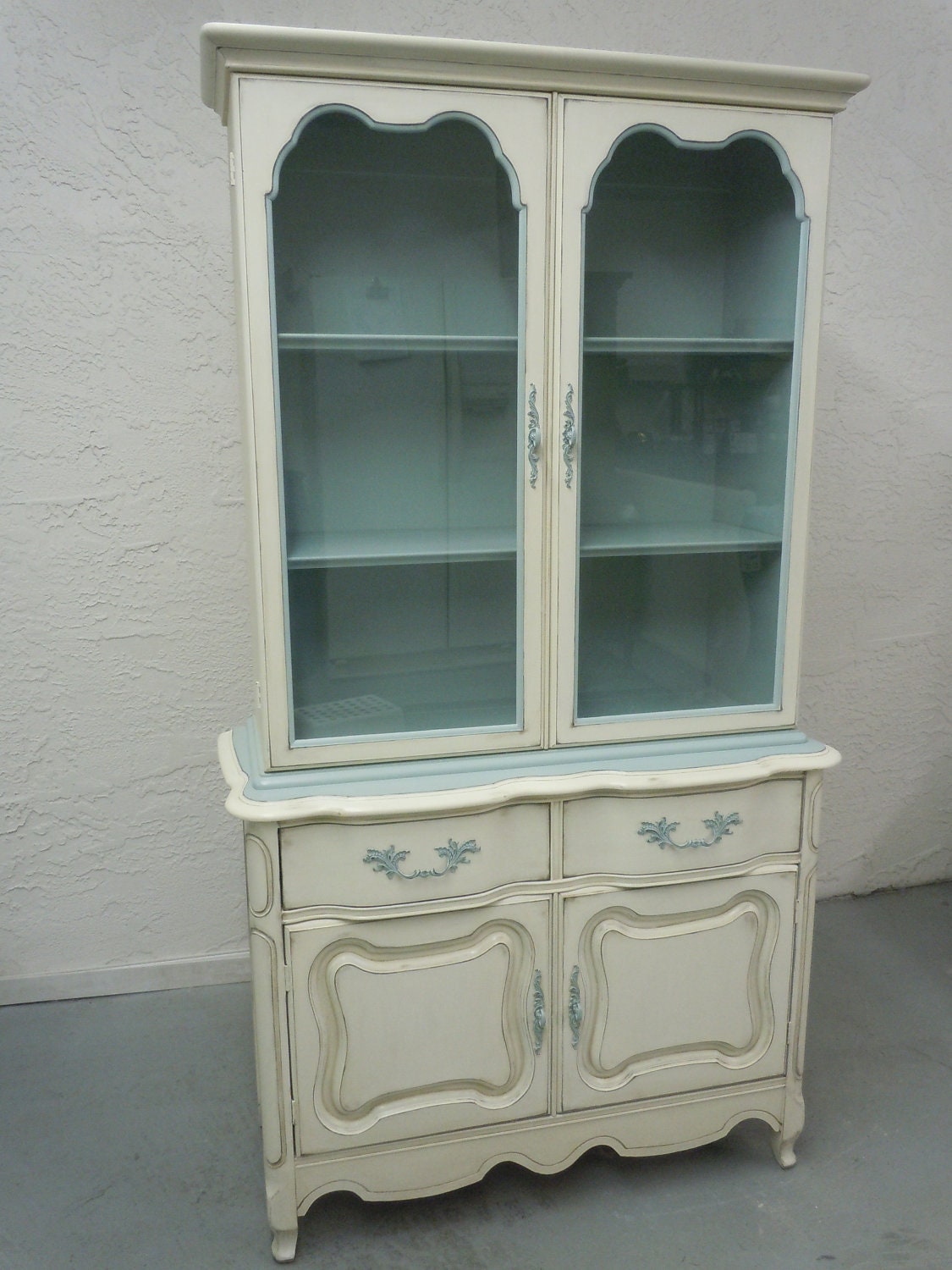French Provincial China Cabinet hand painted in Whyte Blue and