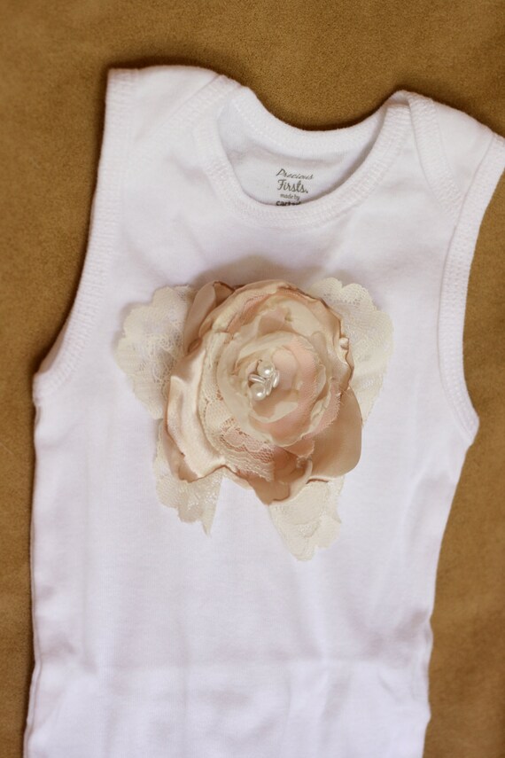 Items similar to Fabric flower rosette onesie cream pink white vintage