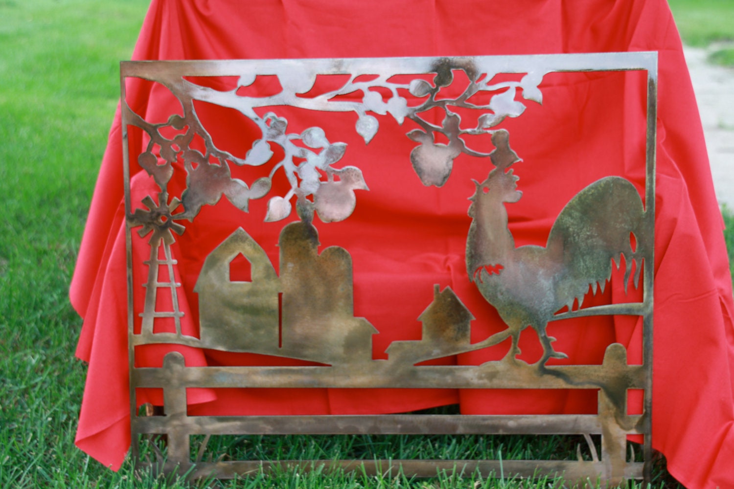 Rooster and Farm Scene Metal Art