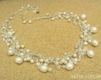 White freshwater pearl dangle necklace with crystal on silk thread
