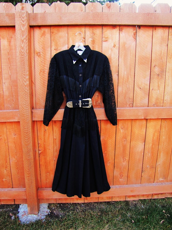 vintage black lace & fringe country western dress. by VintageTins