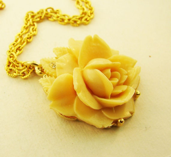 Items Similar To Carved Ivory Rose Pendant On Long Golden Chain On Etsy