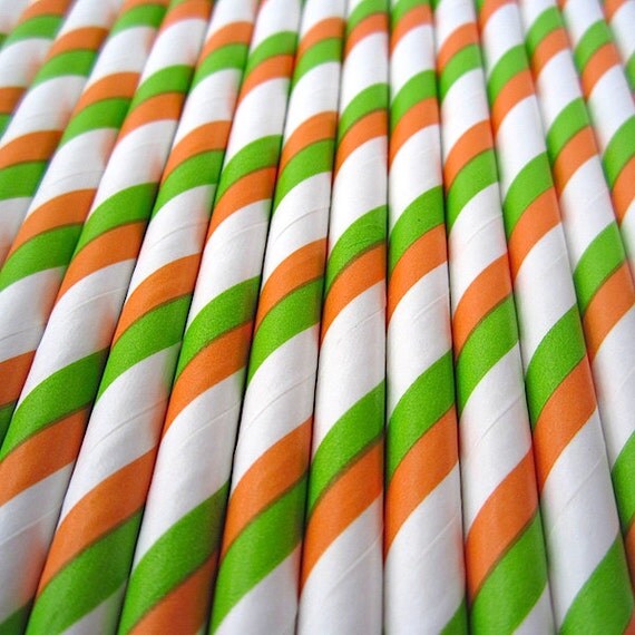 25 ORANGE, GREEN and White Striped Paper Straws - Drinking Straws with Party Flags - Party Supplies Il_570xn