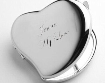 Personalized Compact Mirror, Custom Engraved Compact Mirror, Heart Shaped Customized Compact Mirror