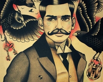Crows and Tattooed Man with Moustache Art Print