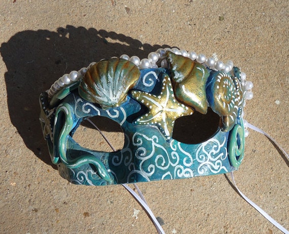 Mermaid Mask Sea Shells Aqua Hand Sculpted Clay