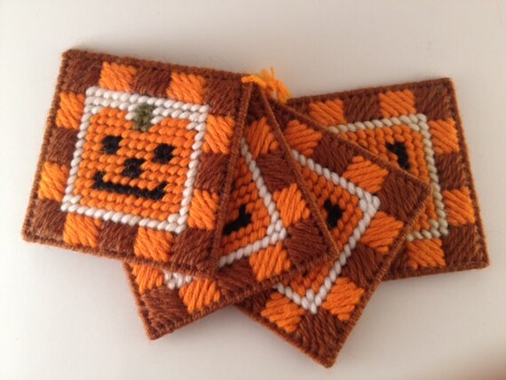 Pumpkin Face Coasters in Plastic Canvas