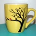 Yellow Ceramic Mug Hand Painted with Chirping Sweet Red Bird in a Bare Tree Fall Winter Spring Sunrise Coffee Tea Hot Chocolate Gift