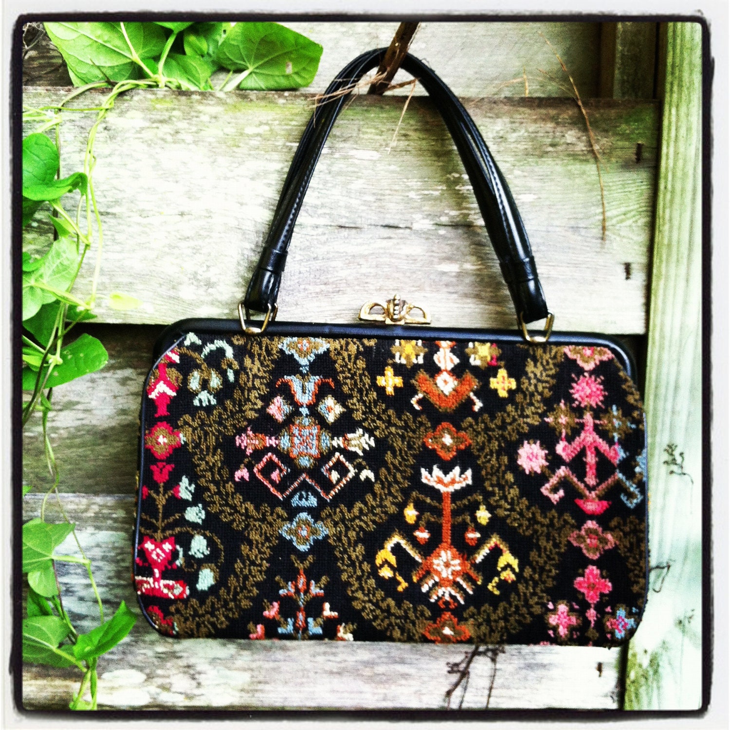 Vintage embroidered purse/tapestry/oversized needle point