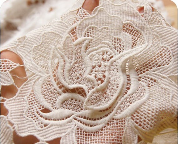 off White Lace Fabrics with 3d peony flowers Bridal Lace