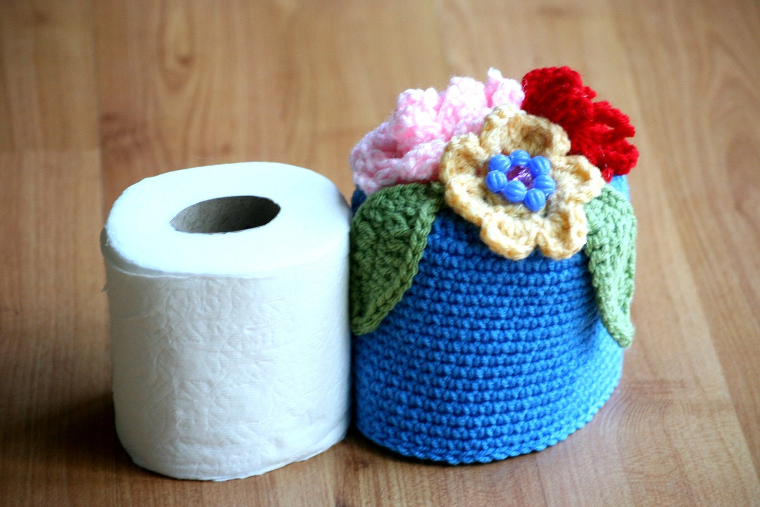 Handmade Crochet Toilet Paper Cover with Flower accents