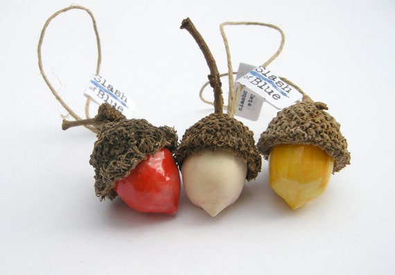 Set of Three Ceramic Acorns Ornaments Either Warm or Cool Colors