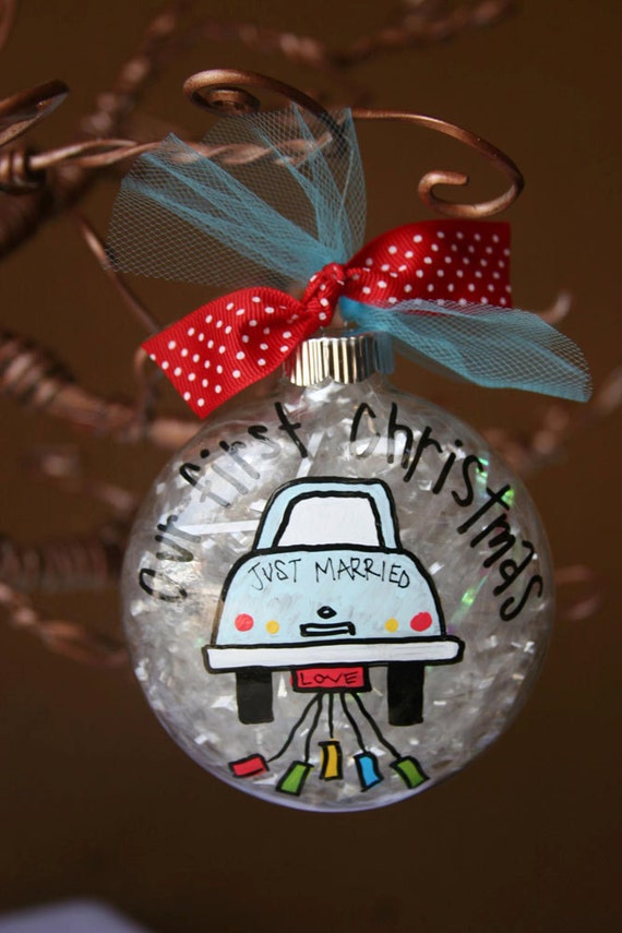 Custom Hand Painted cute 4 Glass ornament Our First