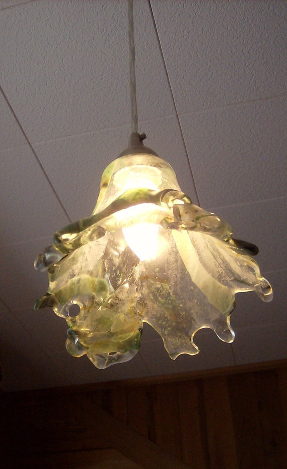 Fused-glass Pendant Light with Pale Green, Gold and Clear Glass