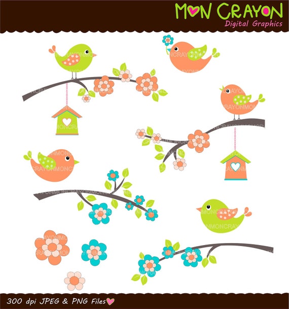 Items similar to birds clip art , flowers clip art , Colourful Spring ...