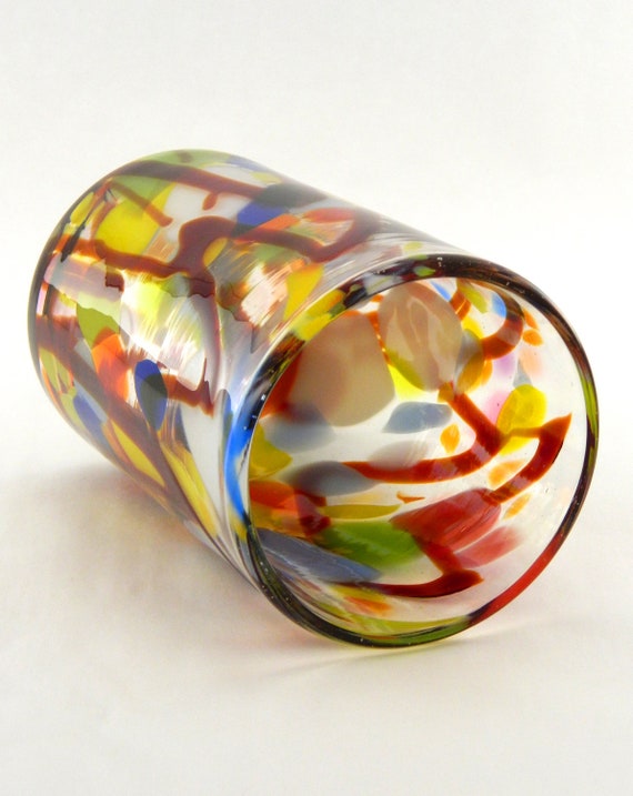 Hand Blown Art Glass Tumblers Multi Color Red Striped