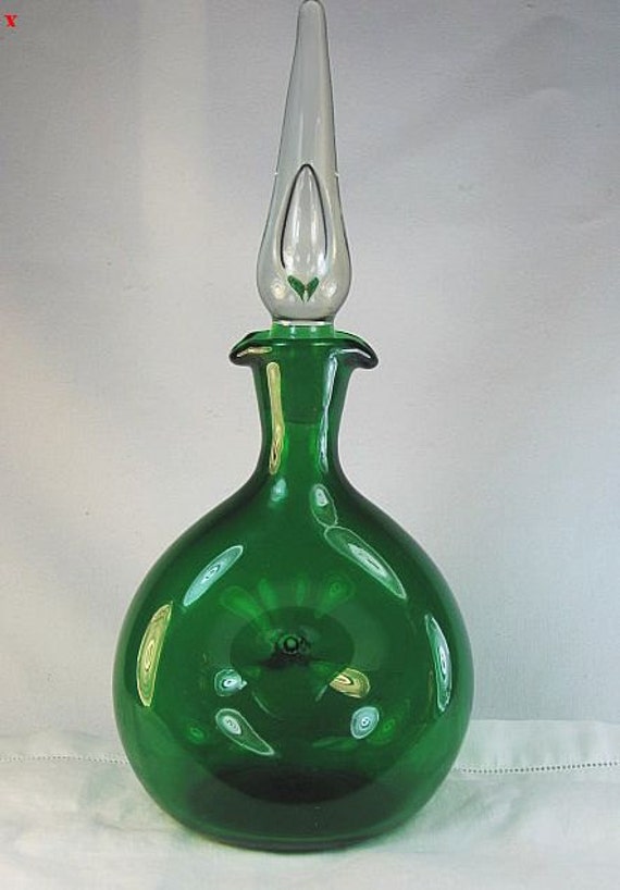 Mid Century Bischoff Emerald Green Glass Decanter with Flame