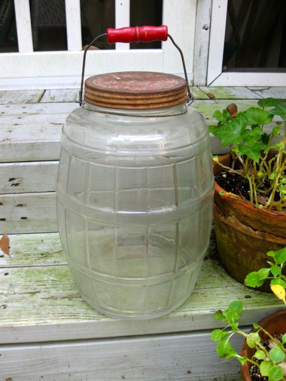 Vintage Large 3 Gallon Pickle Jar with Red Wooden Bale Handle