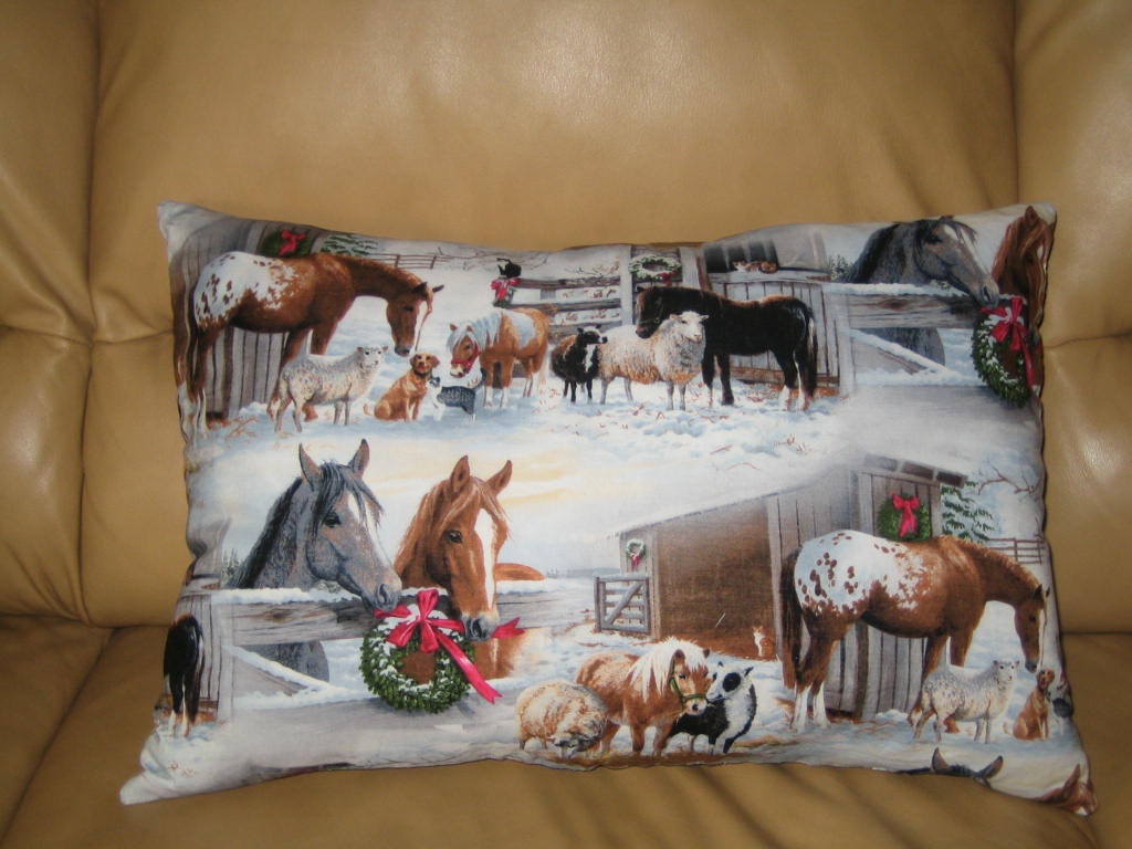 Christmas Pillow with horses, dogs, cat and sheep 14 x 20 - Handmade New