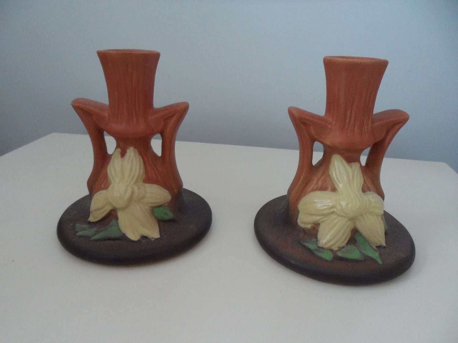Roseville Pottery Clematis candle Stick holders set of two