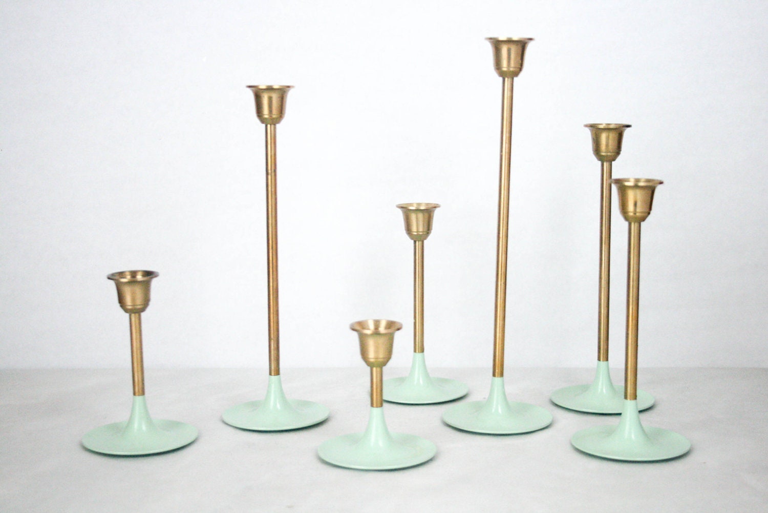 Brass Tulip Candle Holders Set of 7 Mint Green Vintage