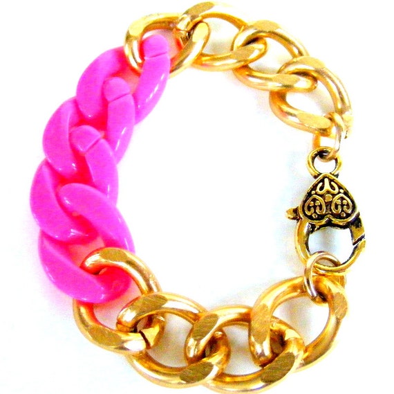 Items similar to Chunky Silver Bracelet, Neon Pink Bracelet, Pink ...