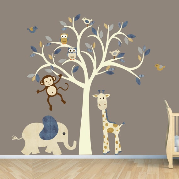 Monkey Wall Decal, Jungle Animal Tree Decal, Nursery Wall Decals, Elephant, Giraffe, Monkey Wall Decal, Denim Design