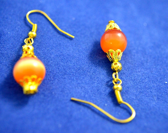 Mexican Opal Earrings, 1.5" long, Natural, Beautiful Orange with Gold French Hooks E170