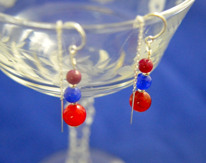 Ruby, Sapphire Ear Thread Earrings, 3" Sterling Silver Ear Threads, Natural Ruby and Sapphire gem Beads E212